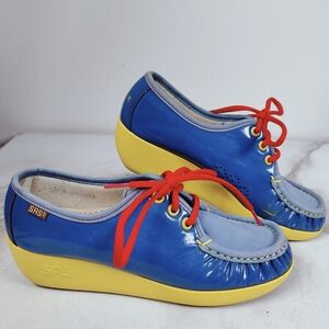 SAS Blue and Yellow Platform Boat Shoes with Red Laces